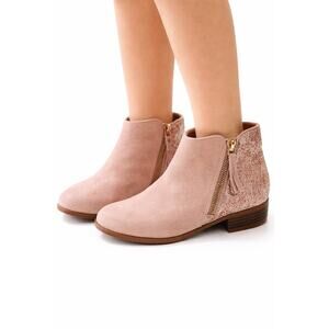 Girls Ankle Boots Size 5M Blush Pink Side Zip Low Heel Glitter Back